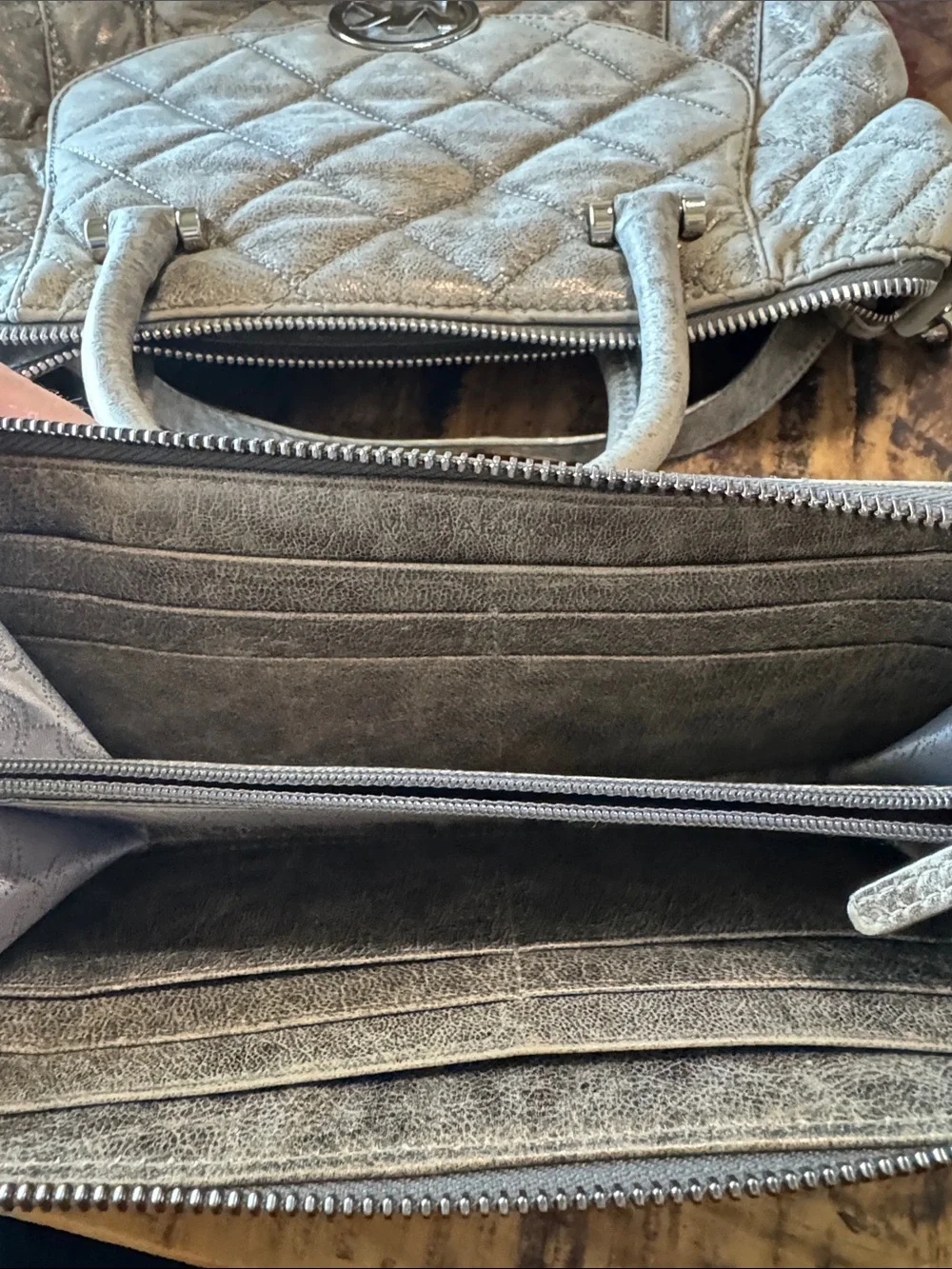 Michael Kors Quilted Metallic Pewter Satchel and Wallet Set